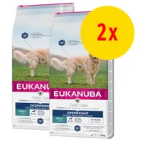 Lot de 2 sacs Eukanuba Daily Care Overweight Adult S–XL, aliment sec pour chiens en surpoids, -50 % matières grasses, 12 kg chacun. Texte visible : All Breeds, All Weights.