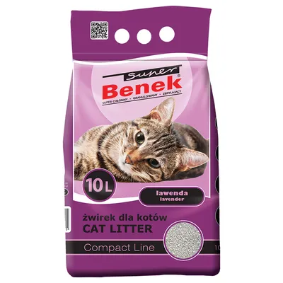 Super Benek cat litter Compact Line, lavender scent, 10L. Packaging shows a cat and litter with text: super absorbent, granulated, clumping.