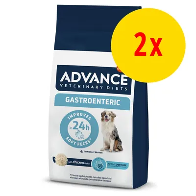 Advance Veterinary Diets Gastroenteric, lot de 2 sacs. Texte visible : improves in 24h soft feces, with chicken & rice, Active Defense. Photo d’un chien sur l’emballage.