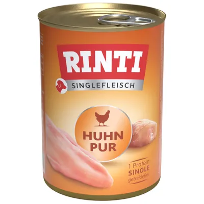Rinti Singlefleisch Huhn Pur, getreidefrei, 1 Protein. Dose mit Abbildung von Hühnerfleisch.