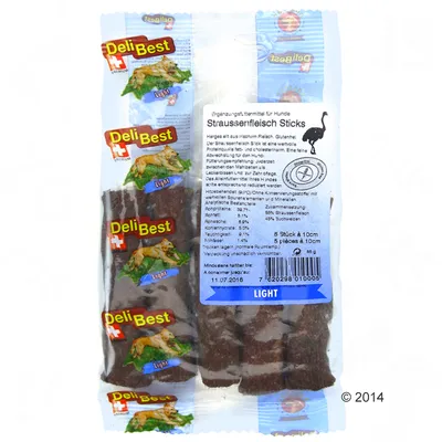 DeliBest Light Straußenfleisch Sticks -koiranherkkupakkaus, näkyvissä 5 kpl à 10 cm. Pakkausteksti saksaksi, paino 85 g, ainesosat: strutsinliha 55 %, peruna 35 %.
