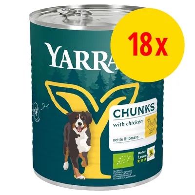 YARRA Chunks with chicken, nettle & tomato, lot de 18 boîtes. Certificat bio NL-BIO-01 et label Beter Leven 3 étoiles visibles sur l’emballage.