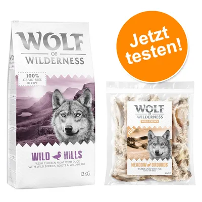 Wolf of Wilderness Kombi-Paket: Adult Trockenfutter + 3 x Kaninchenohren mit Fell Snacks Wolf of Wilderness Kombi-Paket: Adult Trockenfutter + 3 x Kaninchenohren mit Fell Snacks