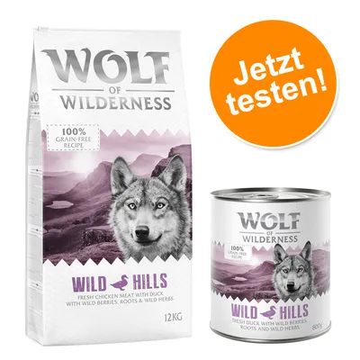Wolf of Wilderness Wild Hills. 100% grain-free Rezept, frisches Hühnerfleisch mit Ente, Beeren, Wurzeln und Kräutern. Jetzt testen! Verpackung: 12kg Sack und 800g Dose. Wolf of Wilderness Wild Hills. 100% grain-free Rezept, frisches Hühnerfleisch mit Ente, Beeren, Wurzeln und Kräutern. Jetzt testen! Verpackung: 12kg Sack und 800g Dose.