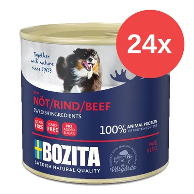 Bozita Nassfutter mit Rind, 24x 625g, getreidefrei, ohne Gentechnik, ohne Zuckerzusatz, 100% tierisches Protein, schwedische Zutaten.