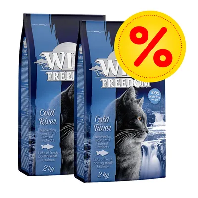 Two 2kg bags labelled Cold River, 100% grain-free recipe, lots of fresh poultry meat and salmon, with a percentage discount symbol in the corner. Two 2kg bags labelled Cold River, 100% grain-free recipe, lots of fresh poultry meat and salmon, with a percentage discount symbol in the corner.