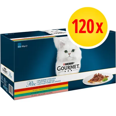 Caja de Purina Gourmet Perle para gatos, 60 sobres de 85 g cada uno. Texto destacado: 120x. Variedades visibles: buey, pollo, conejo, salmón. Imagen de un gato blanco y plato con filetes en salsa.