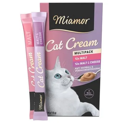 Miamor Cat Cream Multipack, 12x Malt, 12x Malt & Cheese, anti-haarbal en spijsverteringsbevorderend, verpakking met afbeelding van kat en twee stickzakjes.