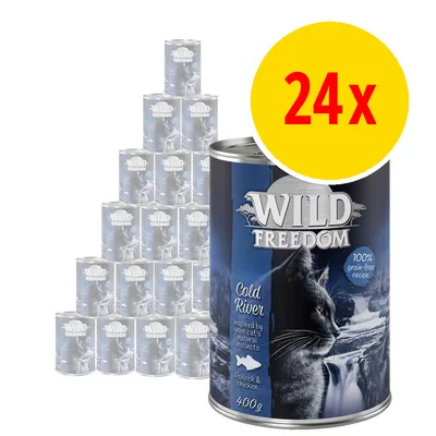 Pack of 24 Wild Freedom Cold River 400g cans, 100% grain-free recipe with pollock and chicken. Label states inspired by natural instincts. Pack of 24 Wild Freedom Cold River 400g cans, 100% grain-free recipe with pollock and chicken. Label states inspired by natural instincts.