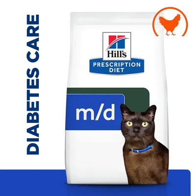 Hill's Prescription Diet m/d diabetes care food with chicken, showing a cat and product packaging.
