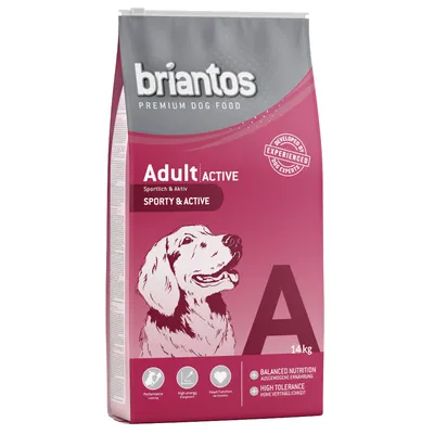 Balení Briantos Premium Dog Food Adult Active Sporty & Active, 14 kg. Text: Balanced nutrition, high tolerance, performance, high energy, heart function. Ilustrace psa.