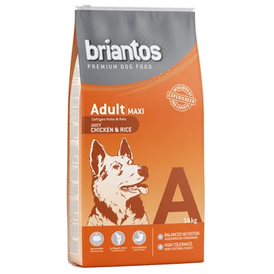 Briantos Premium Dog Food Adult Maxi Juicy Chicken & Rice, 14 kg. Text: Balanced nutrition, high tolerance, special kibble, cartilage & joints, easily digested.