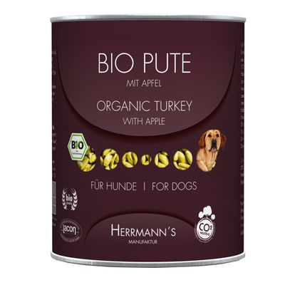Lata de Herrmann's BIO PUTE mit Apfel, Organic Turkey with Apple, para perros. Certificado ecológico BIO, CO2 neutral. Imagen de un perro y rodajas de manzana en la etiqueta.
