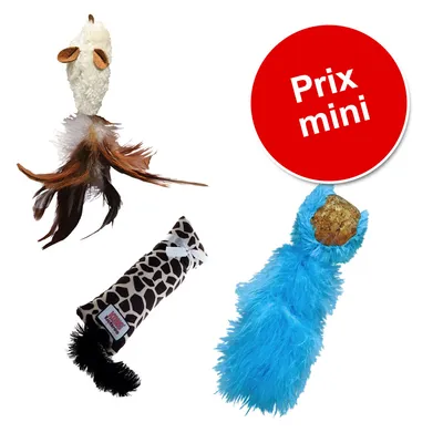 Trois jouets pour chat en tissu et plumes, motifs variés, pastille rouge avec texte « Prix mini » visible en haut à droite.