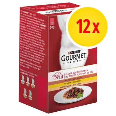 Caja de Purina Gourmet Mon Petit, 12 x 50 g, con texto visible: pequeñas porciones de 50 g, con pato, pollo y pavo. Imagen de comida húmeda para gatos en plato. Caja de Purina Gourmet Mon Petit, 12 x 50 g, con texto visible: pequeñas porciones de 50 g, con pato, pollo y pavo. Imagen de comida húmeda para gatos en plato.
