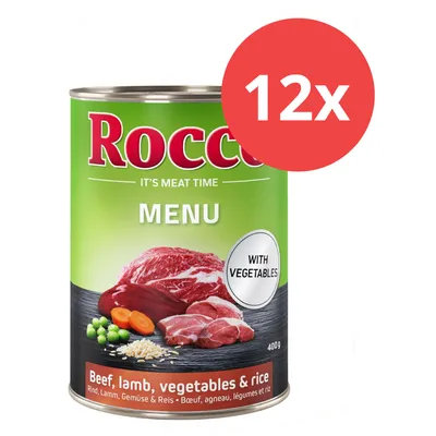Rocco Menu Dose, 400g, mit Rind, Lamm, Gemüse und Reis. Mit Gemüse. Packungseinheit: 12x.