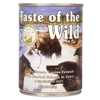 Konzerva Taste of the Wild Pacific Stream Canine Formula With Smoked Salmon in Gravy, A Grain-Free Diet, 374 g. Text v angličtině.