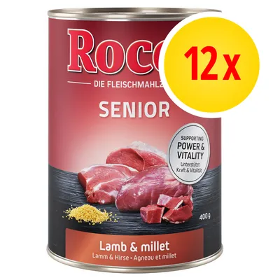 Rocco Senior Lamb & millet, confezione da 12 x 400 g. Testo visibile: Supporting Power & Vitality. Immagine di carne e miglio sulla confezione.