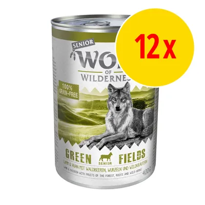 Wolf of Wilderness Senior Green Fields våtfoder, 100 % grain-free, lamm & kyckling, 400 g burk. Förpackning med 12 x enligt gul cirkel på bilden.