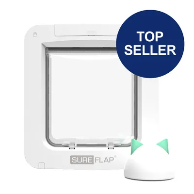 SureFlap Katzentür mit Mikrochip-Erkennung, weiß, hervorgehoben als Top Seller. SureFlap Katzentür mit Mikrochip-Erkennung, weiß, hervorgehoben als Top Seller.