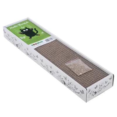 Zooplus Multi-Scratch ξύστρα από χαρτόνι με σακουλάκι catnip, συσκευασία με πράσινο σχέδιο, μαύρη γάτα και πεταλούδες.
