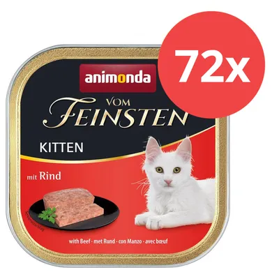 Animonda Vom Feinsten Kitten mit Rind, 72x Portionsschalen. Abbildung einer weißen Katze und Fleischstück auf schwarzem Teller.