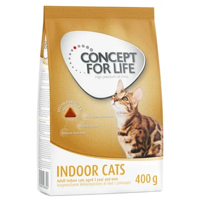 Embalagem de Concept for Life Indoor Cats, ração para gatos adultos de interior a partir de 1 ano, 400 g. Texto visível: ideal weight maintenance, hairball function, reduced stool odour.