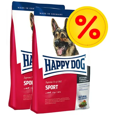 Happy Dog Sport -koiranruokapakkaus, 11 kg. Made in Germany. Supreme Fit & Well. Tarjousmerkki prosenttisymbolilla näkyvissä.