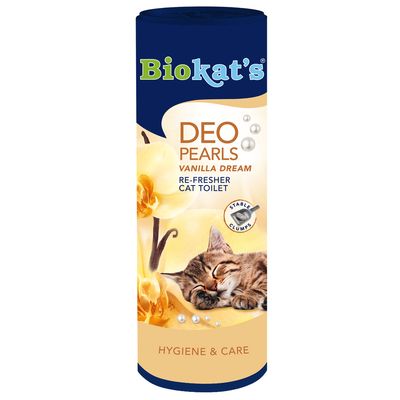 Biokat's DEO PEARLS VANILLA DREAM, RE-FRESHER CAT TOILET, STABLE CLUMPS, HYGIENE & CARE. Embalaža z motivom mačke in vanilije. Viden angleški tekst.