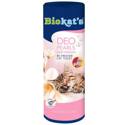 Biokat's DEO Pearls Baby Powder, Re-Fresher Cat Toilet, confezione con immagine di un gatto che dorme, scritte Stable Clumps e Hygiene & Care visibili.