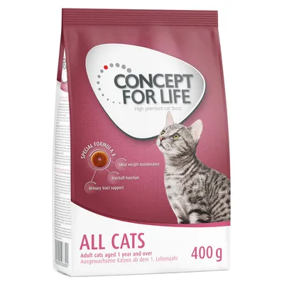 Concept for Life All Cats, sucha karma dla dorosłych kotów od 1. roku życia, opakowanie 400 g. Specjalna formuła: utrzymanie wagi, funkcja przeciw kulom włosowym, wsparcie dróg moczowych.