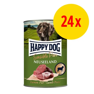 Happy Dog Sensible Pure Neuseeland Lamm Pur -koiranruokapurkki, pakkauksessa 24 kpl. Kannessa kuva koirasta ja lampaanlihaa, näkyvissä myös teksti 'Lamb Pure'. Happy Dog Sensible Pure Neuseeland Lamm Pur -koiranruokapurkki, pakkauksessa 24 kpl. Kannessa kuva koirasta ja lampaanlihaa, näkyvissä myös teksti 'Lamb Pure'.