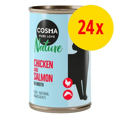 COSMA Pure Love Nature Chicken and Salmon in Broth, 100% natural ingredients, dåse med silhuet af kat og gul cirkel med rød tekst '24x' på etiketten.