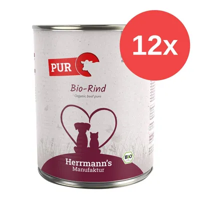 Herrmann's Manufaktur Bio-Rind Nassfutter, 12x Dosen. Bio-Zertifikat sichtbar. Silhouette von Hund und Katze in Herzform auf der Verpackung. Herrmann's Manufaktur Bio-Rind Nassfutter, 12x Dosen. Bio-Zertifikat sichtbar. Silhouette von Hund und Katze in Herzform auf der Verpackung.