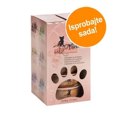 catz finefood, 6 Schalen in 6 Sorten, 6 x 85 g, ukupno 510 g. Narančasti krug s tekstom: Isprobajte sada!