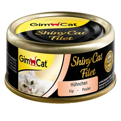 GimCat Shiny Cat Filet kylling, 100% naturlige ingredienser, uden tilsætningsstoffer. Dåse med kattemotiv og produktoplysninger.