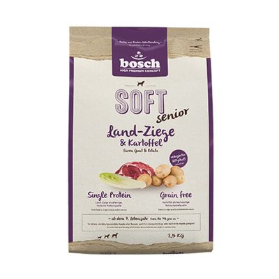 Bosch Soft Senior capră de țară și cartofi, proteină unică, fără cereale, conținut redus de grăsimi, potrivit de la 7 ani, pachet de 2,5 kg.