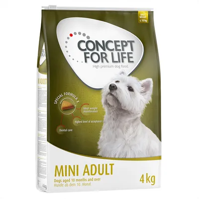 Concept for Life Mini Adult, karma dla psów od 10. miesiąca życia, waga do 10 kg, opakowanie 4 kg. Specjalna formuła z pielęgnacją zębów, utrzymaniem idealnej wagi i wysoką akceptacją.