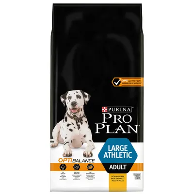 Sacchetto di crocchette per cani con testo: Purina Pro Plan Large Athletic Adult, OptiBalance, ricco in pollo. Immagine di un dalmata seduto sulla confezione.