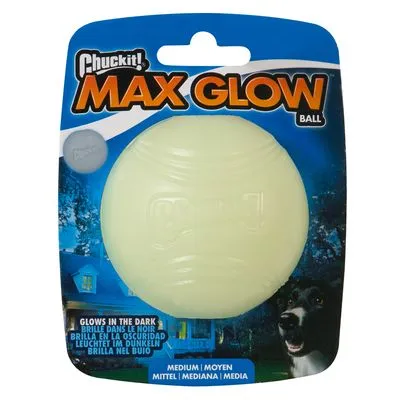Chuckit! Max Glow Ball, medium maat, lichtgevende bal. Tekst op verpakking: 'Glows in the dark'. Geschikt voor spelen in het donker.