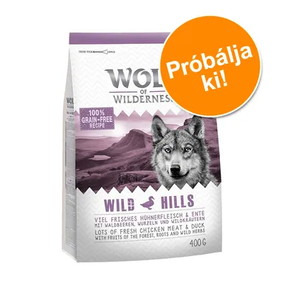Wolf of Wilderness Wild Hills 400 g, 100% grain-free recipe, friss csirkehús és kacsa, erdei gyümölcsökkel, gyökerekkel, vadon termő fűszernövényekkel. Próbálja ki!