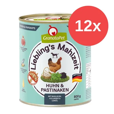 GranataPet Liebling's Mahlzeit Huhn & Pastinaken, mit Basilikum, Holunder & Leinöl, 800g netto, Made in Germany. Packung zeigt 12x Multipack. GranataPet Liebling's Mahlzeit Huhn & Pastinaken, mit Basilikum, Holunder & Leinöl, 800g netto, Made in Germany. Packung zeigt 12x Multipack.