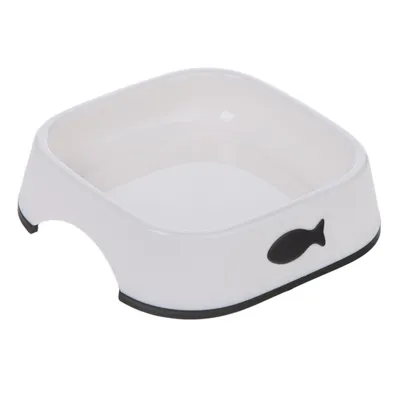 White feeding bowl with black fish symbol, rectangular shape and non-slip base.