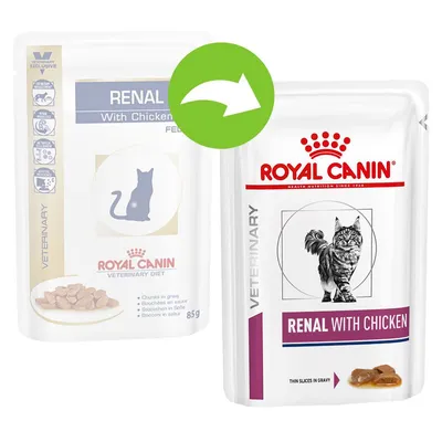 Promjena pakiranja Royal Canin Veterinary Renal with Chicken za mačke, prikazane dvije vrećice s različitim dizajnom i tekstom 'RENAL WITH CHICKEN', 85 g.