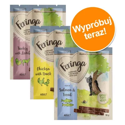 Feringa Sticks: Turkey with Lamb, Chicken with Duck, Salmon & Trout. Opakowania 18 g dla dorosłych kotów. Napis na pomarańczowym kole: Wypróbuj teraz!