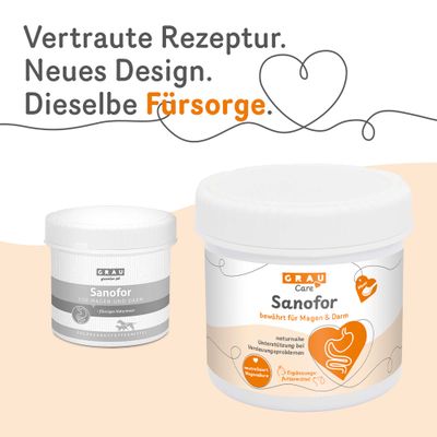 GRAU Sanofor für Magen und Darm, neues Design. Naturnahe Unterstützung bei Verdauungsproblemen, neutralisiert Magensäure, Ergänzungsfuttermittel. Vertraute Rezeptur, neue Verpackung.
