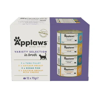 Applaws Natural Cat Food Variety Selection in broth, 12 x 70g. Includes tuna fillet, chicken breast, ocean fish, and chicken breast with cheese. Made with natural ingredients.