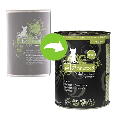 Zmena dizajnu obalu konzervy pre mačky catz finefood Purrrr N°105 Lachs. Nový čierny obal s textom: HIGH PREMIUM, GRAIN FREE, NO ANIMAL TESTING, PURRRR, Lachs, Salmon, 98 % mäsa.