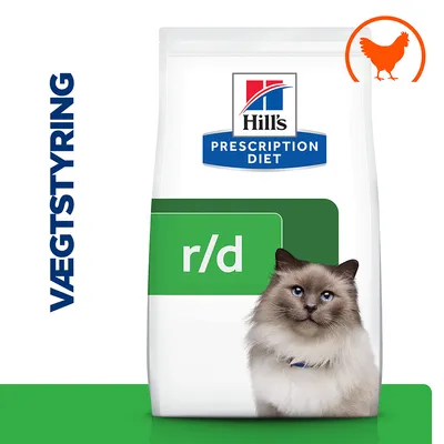 Hill's Prescription Diet r/d kattemad, billede af kat, tekst: VÆGTSTYRING, orange kyllingesymbol øverst til højre på posen