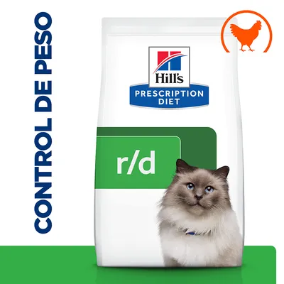 Hill's Prescription Diet r/d para gatos, control de peso, imagen de un gato y símbolo de pollo. Texto visible: CONTROL DE PESO.